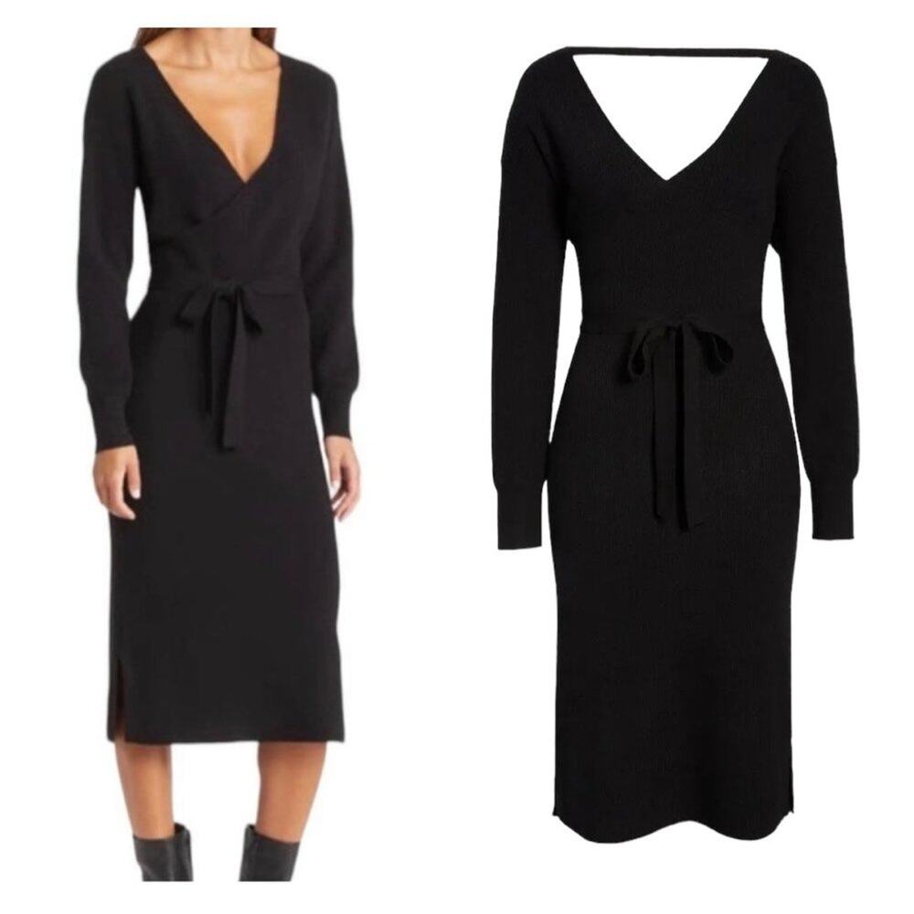Chelsea28 Belted Long Sleeve V-Neck V-Back Sweater Dress in Black Sz XS NWT